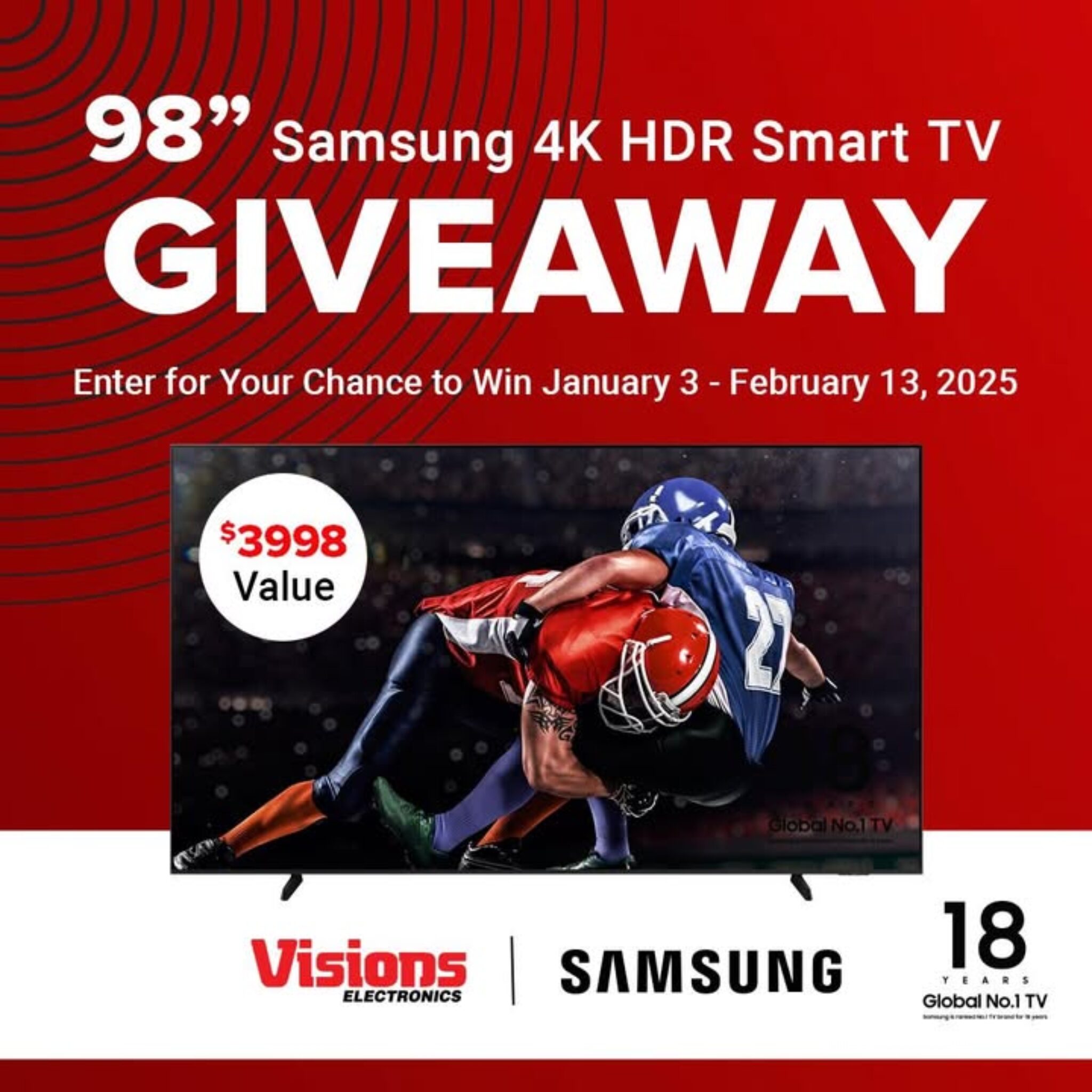Visions electronics sweepstakes win a samsung 98 4k hdr smart tv