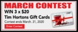 LiveLoveCanada March Contest: Win 1 of 3 $20 Tim Hortons Gift Cards